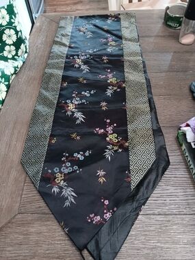 Black Floral & Gold Patterned Table Runner With Tassles 68 By 12.5